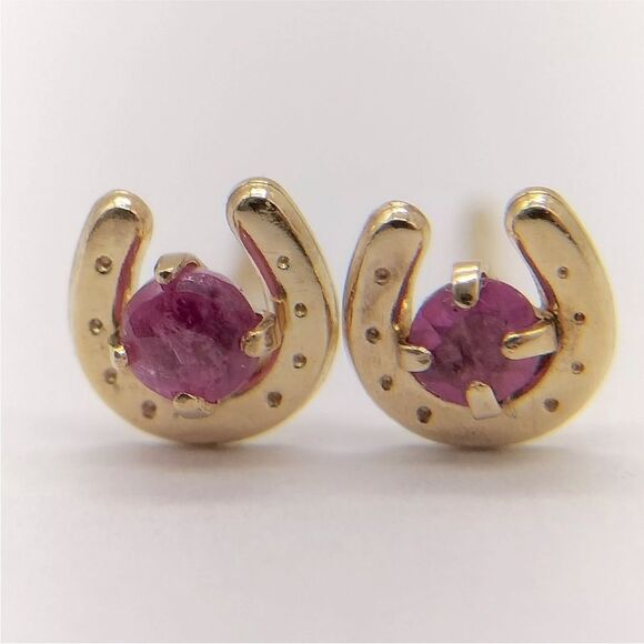 Authentic Ruby Yellow Gold Lucky Horseshoe Stud Earrings - Picture 1 of 8